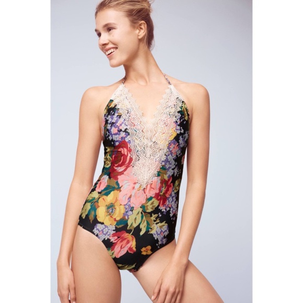 Anthropologie Black Floral Lace One Piece Suit Med